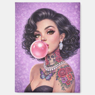 Imán de chica pin-up de chicle con cabello negro –