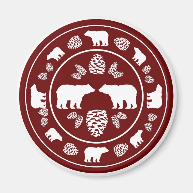 Imán de círculo de pinecona de oso de maroón ruso (Frente)