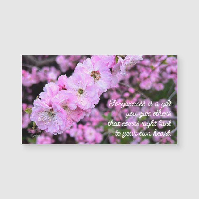 Imán de cita de perdón con foto de flores rosadas  (Anverso)