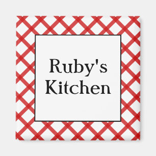 Imán de cocina personalizado con cuadros rojos