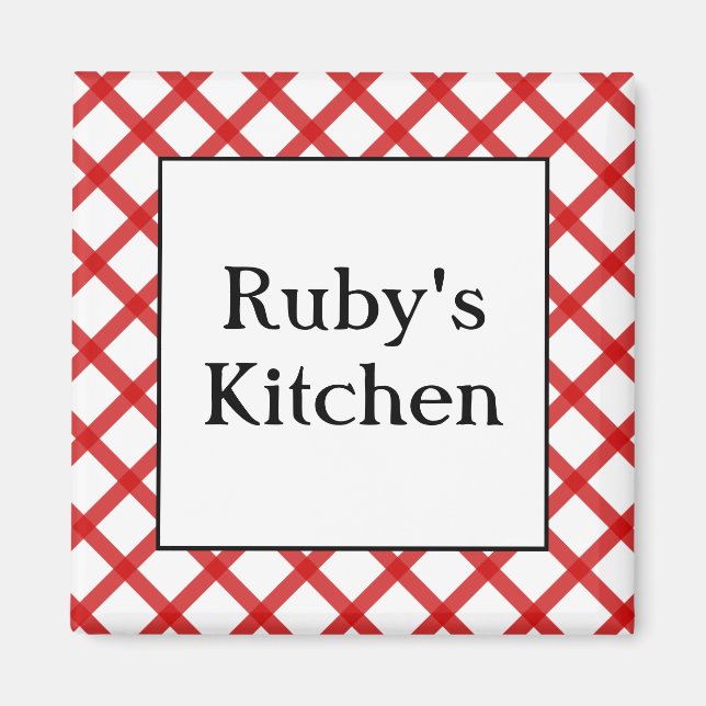 Imán de cocina personalizado con cuadros rojos (Frente)