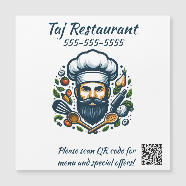 Imán de código QR de restaurante de chef editable (Anverso)