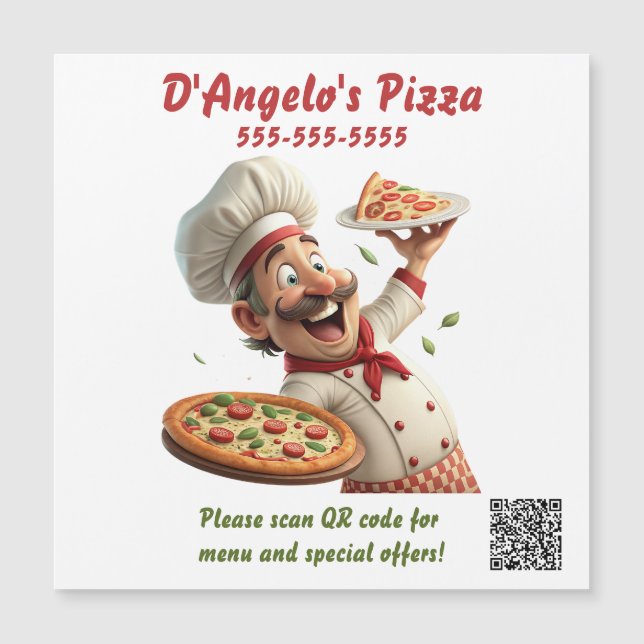 Imán de código QR editable para restaurante de piz (Anverso)