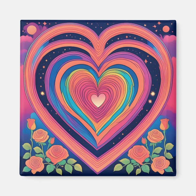 Imán de Corazones Psicodélicos y Rosas Galácticos (Frente)
