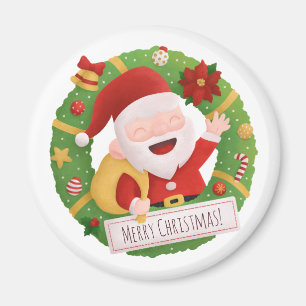 Imán de corona de Navidad con Papá Noel alegre y l
