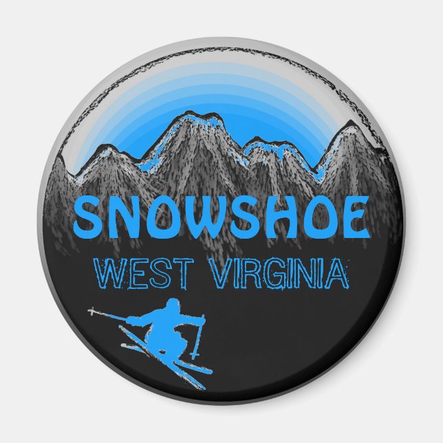 Imán de esquí azul Snowshoe Virginia Occidental (Frente)
