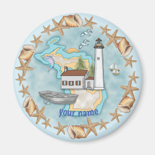 imán de faro de conchas de Michigan