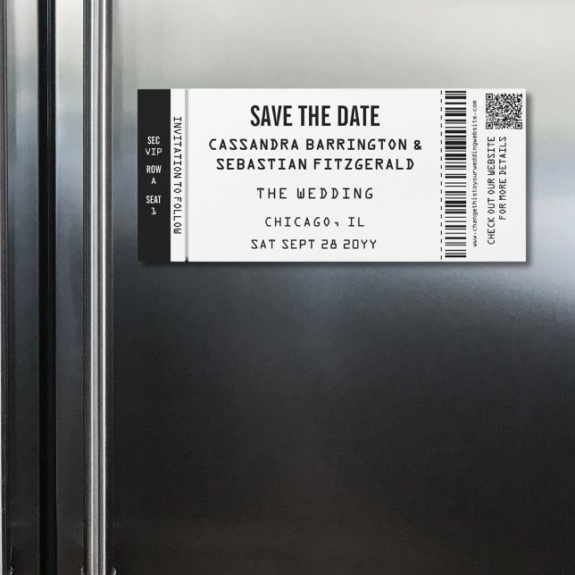 Imán de fecha de boda con entrada de concierto (Fun concert ticket style wedding save the date magnet will keep your wedding on display.)