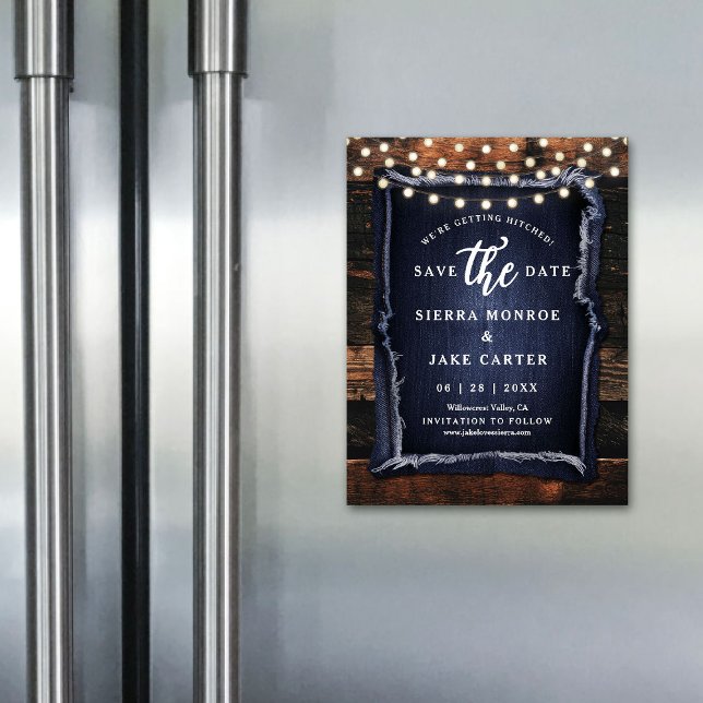 Imán de fecha de guardar boda rústica con luces de (rustic wedding save the date magnet barn wood slice grain denim ranch country western casual chic)