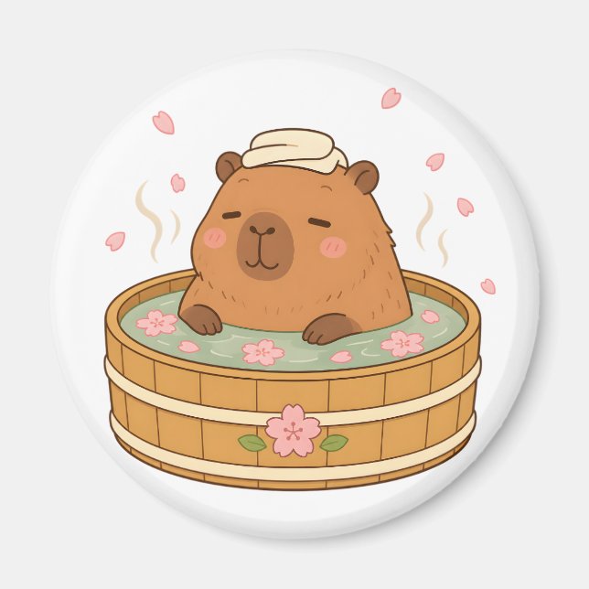 Imán de Flor de Cerezo Onsen Capybara Adorable (Frente)