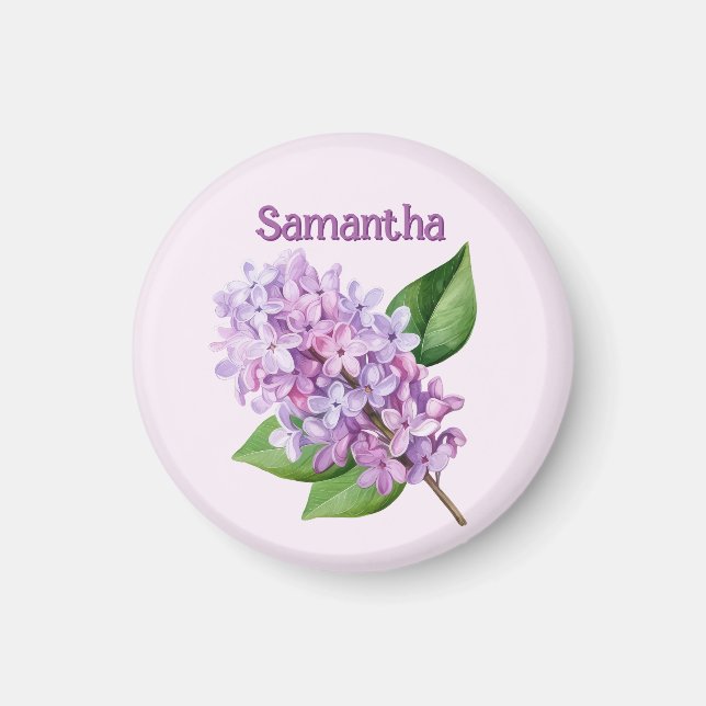 Imán de flor de lila rosa con nombre personalizado (Frente)