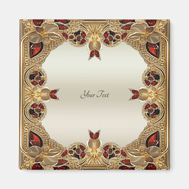 Imán de Flores Doradas Piedra Preciosa Roja (Frente)