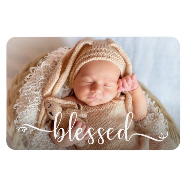Imán de foto de bebé con letra bendita (Horizontal)