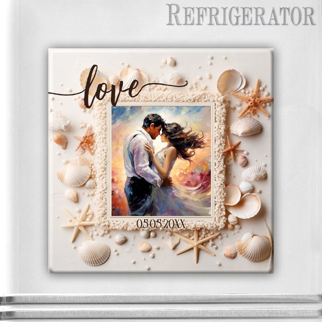 Imán de foto de conchas de playa melocotón (Romantic photo magnet featuring your photo on a beach design with shells - wedding - save the date)