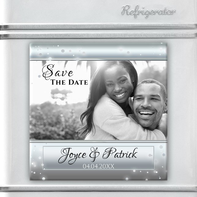 Imán de foto de fecha de salvado con destellos de  (Photo magnet featuring your custom photo framed by a sparkly silver design)