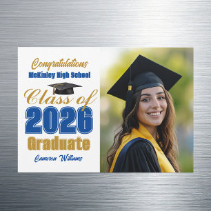 Imán de foto de graduación de la clase de oro azul
