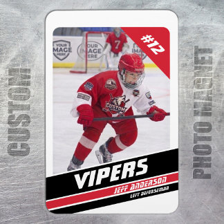 Imán de foto de hockey sobre hielo rojo y blanco E