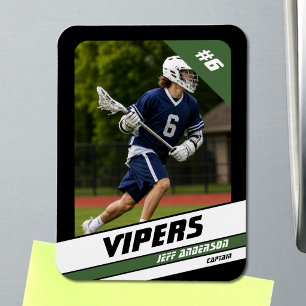 Imán de foto de jugador de lacrosse verde vigoroso
