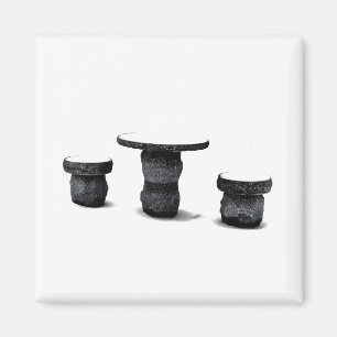 Imán de foto de tres bancos redondos de piedra en