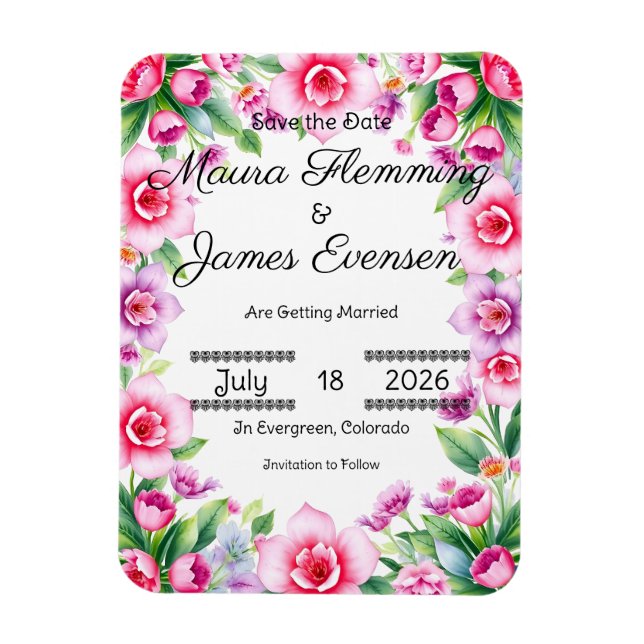 Imán de foto flexible floral rosa y púrpura (Vertical)