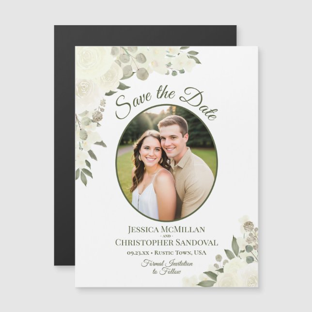 Imán de foto oval de 'Save the Date' floral blanco (Anverso/Reverso)