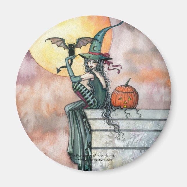 Imán de Gata Bruja de Halloween por Molly Harrison (Frente)