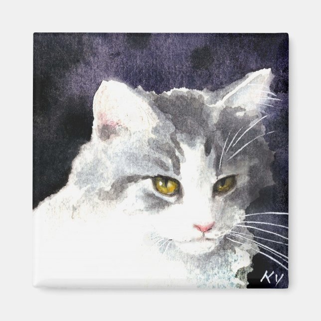 Imán de gatito plateado y blanco (Frente)