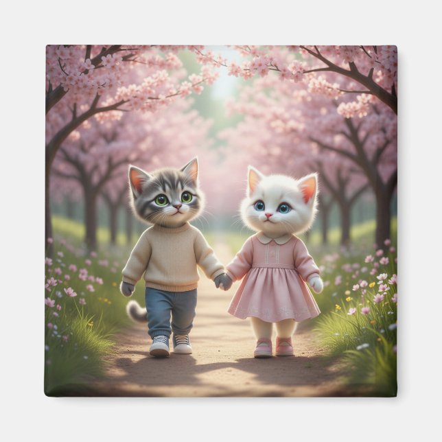 Imán de gato lindo de primavera | Tom y Luna Flor  (Frente)