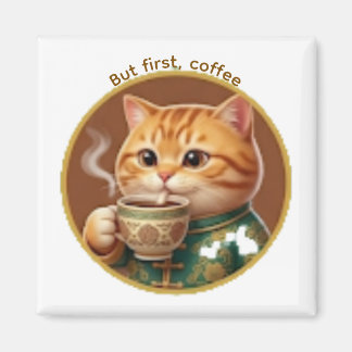 Imán de gato naranja lindo bebiendo té café