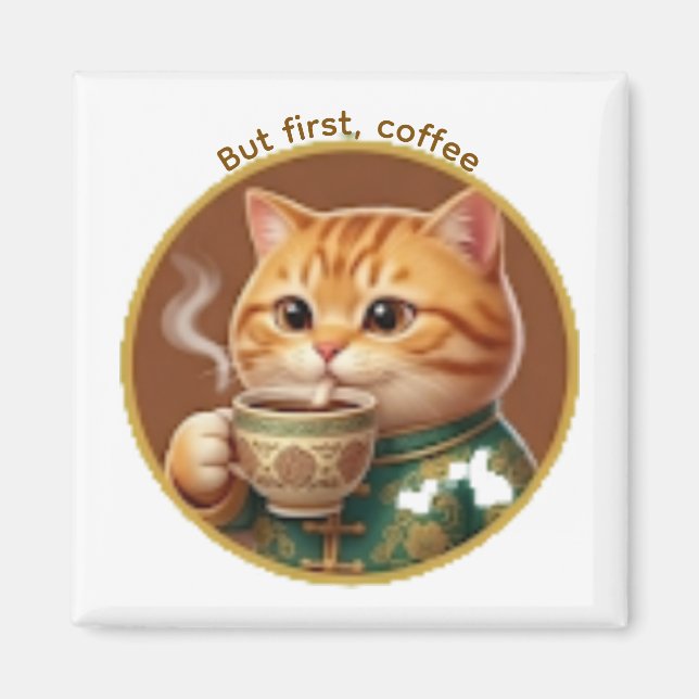 Imán de gato naranja lindo bebiendo té café (Frente)