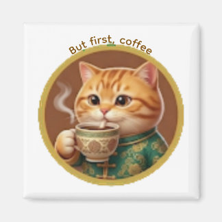 Imán de gato naranja lindo bebiendo té café