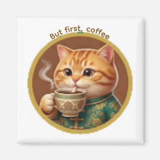 Imán de gato naranja lindo bebiendo té café (Frente)
