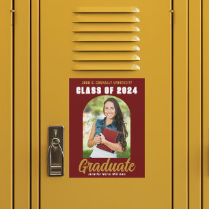 Imán de graduación de foto de clase de oro burdeos