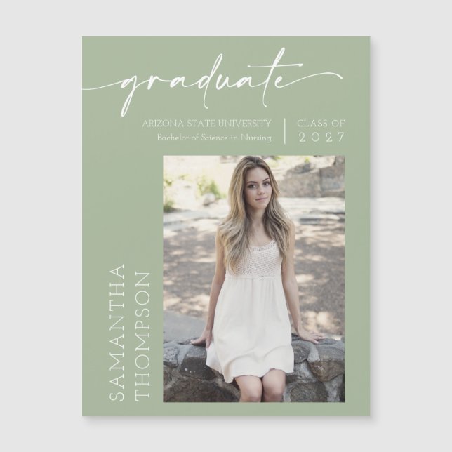 Imán de graduación de foto de guión mínimo verde y (Anverso)