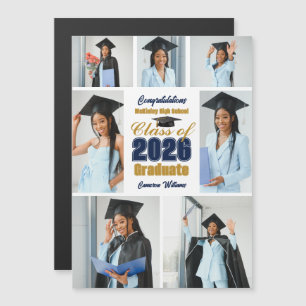 Imán de graduado Collage de fotos Navy Blue Gold 2