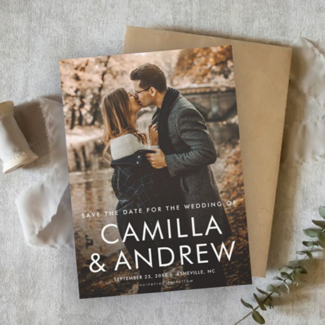 Imán de guardar la fecha de boda con foto simple (Simple photo wedding save the date magnet with modern typographic overlay.)