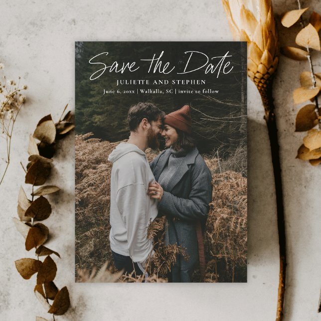 Imán de guardar la fecha de la boda con foto simpl (Modern photo wedding save the date magnetic card with handwritten script overlay typography.)