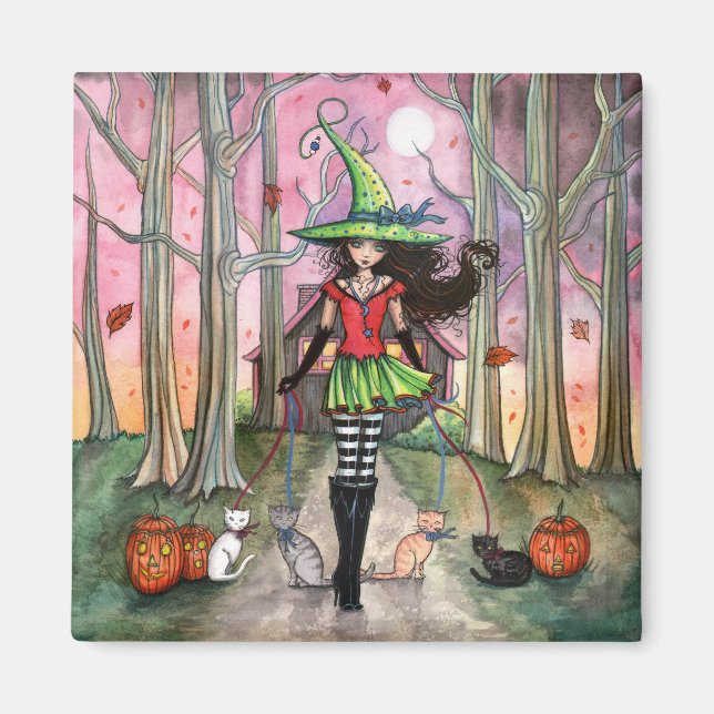 Imán de Halloween Bruja y Gatos (Frente)