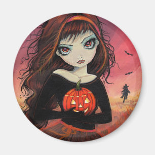 Imán de Halloween Chica de Ojo Grande con Calabaza