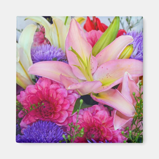 Imán de impresión de flores de lirio rosa y dahlia (Frente)