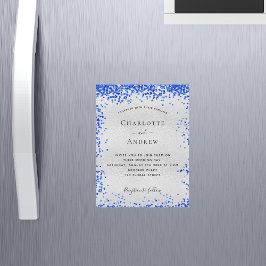 Imán de invitación a la boda azul real plateado