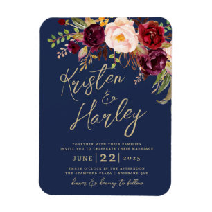 Imán de invitación a la boda de Navy Gold Marsala