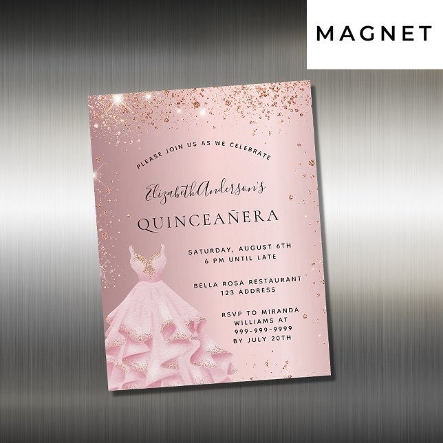 Imán de invitación a vestir rosa de Quinceanera (Subido por el creador)
