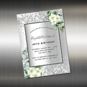 Imán de invitación al cumpleaños de flores platead