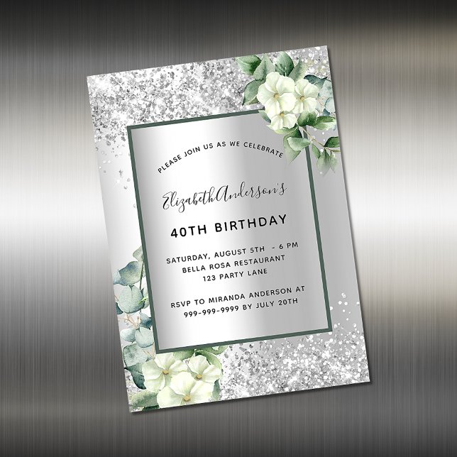 Imán de invitación al cumpleaños de flores platead (Subido por el creador)