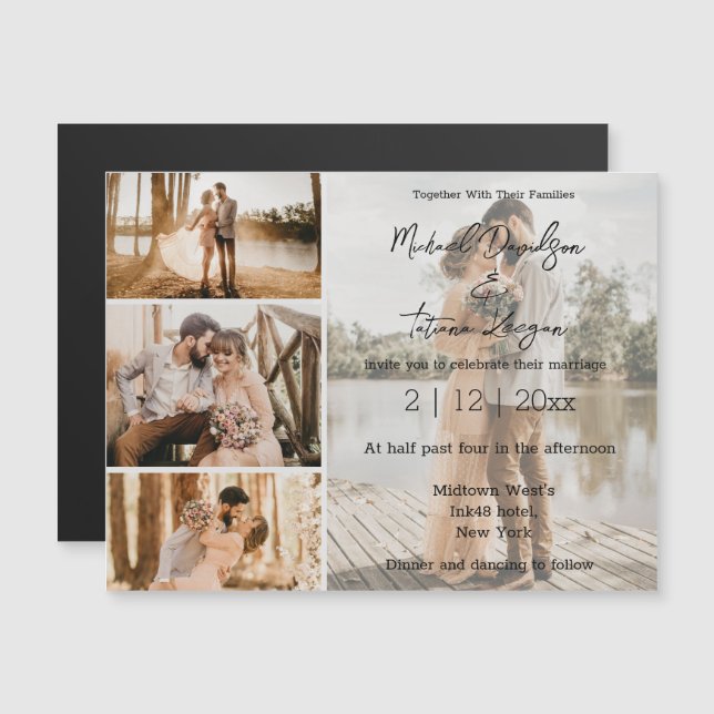 imán de invitación de boda collage de 4 fotos con  (Anverso/Reverso)