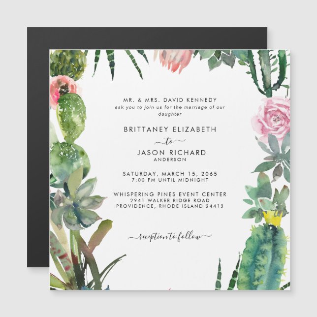 Imán de Invitación de Boda Cuadrado Tropical Cactu (Anverso/Reverso)