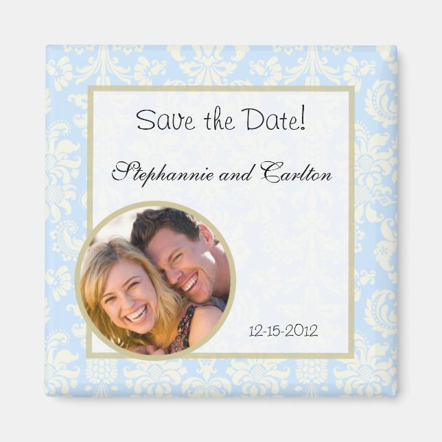 Imán de Invitación de casamiento de damasco azul/b (Frente)