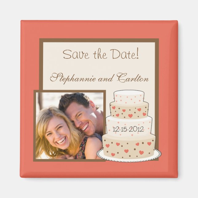 Imán de Invitación de pastel de Boda rojo/crema (Frente)