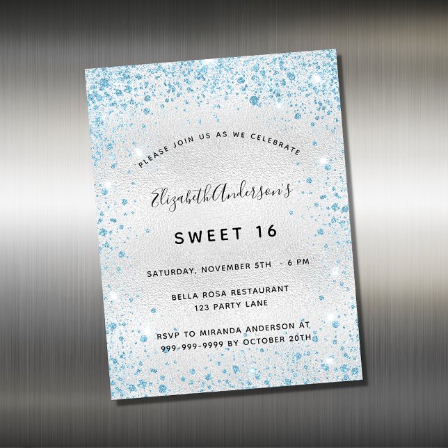 Imán de invitación purpurina azul dulce 16 (Subido por el creador)